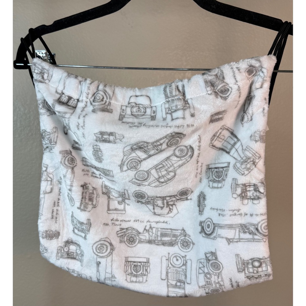 Sew Sweet Minky Designs Cinch Bag White Vintage Car Blueprint Plush Casual NEW